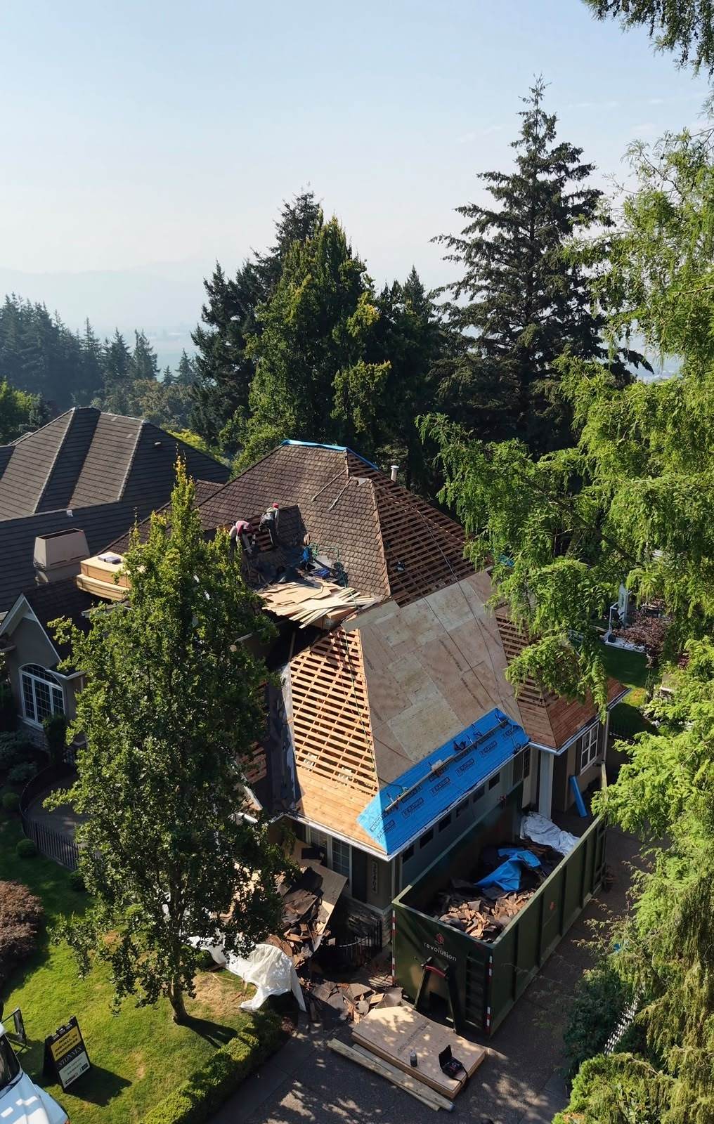 Cedar roof stripped to the rafters on a hillside home, with new plywood sheathing going down and underlayment starting at the eaves